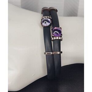 TERERO Italy womens 925 Sterling Silver Amethyst + Crystal black rubber bracelet
